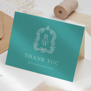 Tarjeta De Agradecimiento Elegante Cresta de Monograma Boda Turquesa