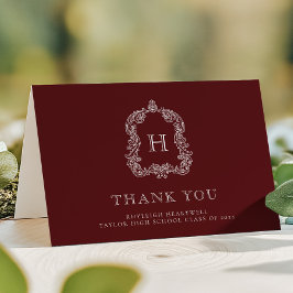 Tarjeta De Agradecimiento Elegante Cresta de Monograma Burgundy Graduación B
