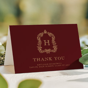 Tarjeta De Agradecimiento Elegante Cresta de Monograma Burgundy Oro Graduaci