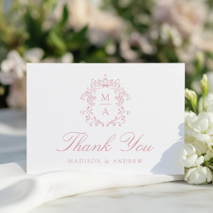 Tarjeta De Agradecimiento Elegante Cresta de Monograma Chinoiserie de Rosa p