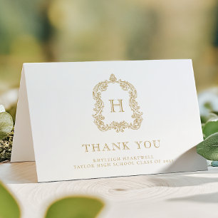Tarjeta De Agradecimiento Elegante Cresta de Monograma de Oro Blanco para Gr