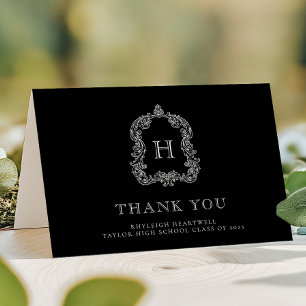 Tarjeta De Agradecimiento Elegante Cresta de Monograma Negro Blanco Graduaci