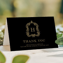 Tarjeta De Agradecimiento Elegante Cresta de Monograma Negro Oro Graduación