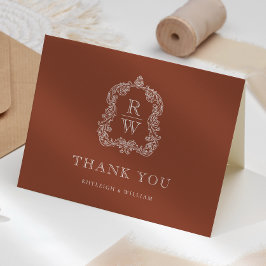Tarjeta De Agradecimiento Elegante Cresta de Monograma Terracota Boda