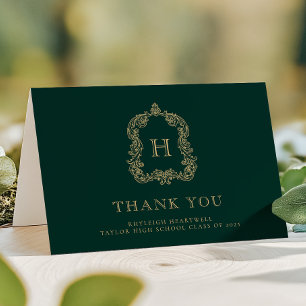 Tarjeta De Agradecimiento Elegante Cresta de Monograma Verde Oscuro Dorado G