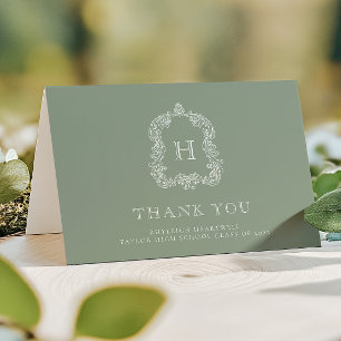 Tarjeta De Agradecimiento Elegante Cresta de Monograma Verde Salvia Blanco G