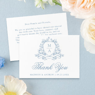Tarjeta De Agradecimiento Elegante Cresta Floral Azul Monograma Boda