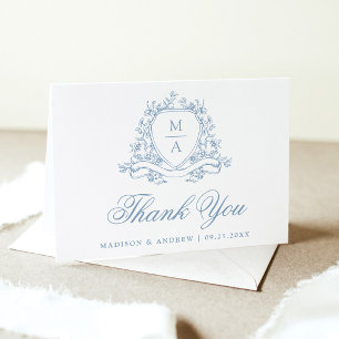 Tarjeta De Agradecimiento Elegante Cresta Floral Azul Monograma Boda