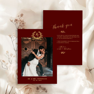 Tarjeta De Agradecimiento Elegante Cresta Floral Burdeos Dorado