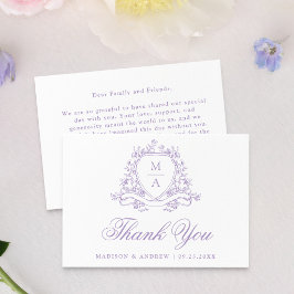 Tarjeta De Agradecimiento Elegante Cresta Floral de Lavanda Monograma Boda