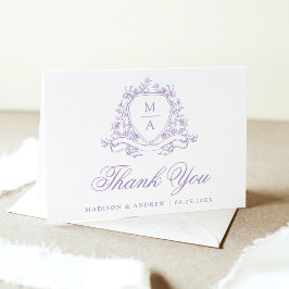 Tarjeta De Agradecimiento Elegante Cresta Floral de Lavanda Monograma Boda