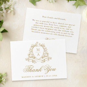Tarjeta De Agradecimiento Elegante Cresta Floral de Oro Monograma Boda