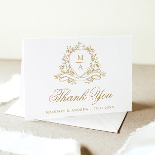Tarjeta De Agradecimiento Elegante Cresta Floral de Oro Monograma Boda
