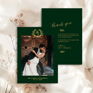 Tarjeta De Agradecimiento Elegante Cresta Floral Esmeralda Dorada