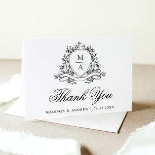 Tarjeta De Agradecimiento Elegante Cresta Floral Monograma Negro Boda