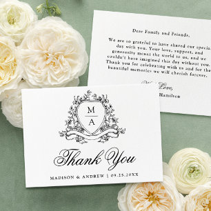 Tarjeta De Agradecimiento Elegante Cresta Floral Negra Monograma Boda