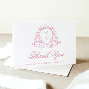 Tarjeta De Agradecimiento Elegante Cresta Floral Rosa Monograma Boda