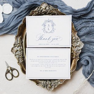 Tarjeta De Agradecimiento Elegante Cresta Monograma Barroco Azul Boda