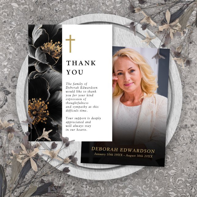 Tarjeta De Agradecimiento Elegante Cristiana Celebración Floral De La Vida F (Christian Elegant Floral Celebration Of Life Photo Thank You Card)