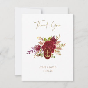 Tarjeta De Agradecimiento Elegante Crucifijo de Boda Floral Marsala Dorado