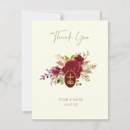 Tarjeta De Agradecimiento Elegante crucifijo de boda floral Marsala dorado