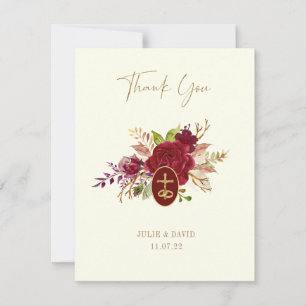 Tarjeta De Agradecimiento Elegante crucifijo de boda floral Marsala dorado