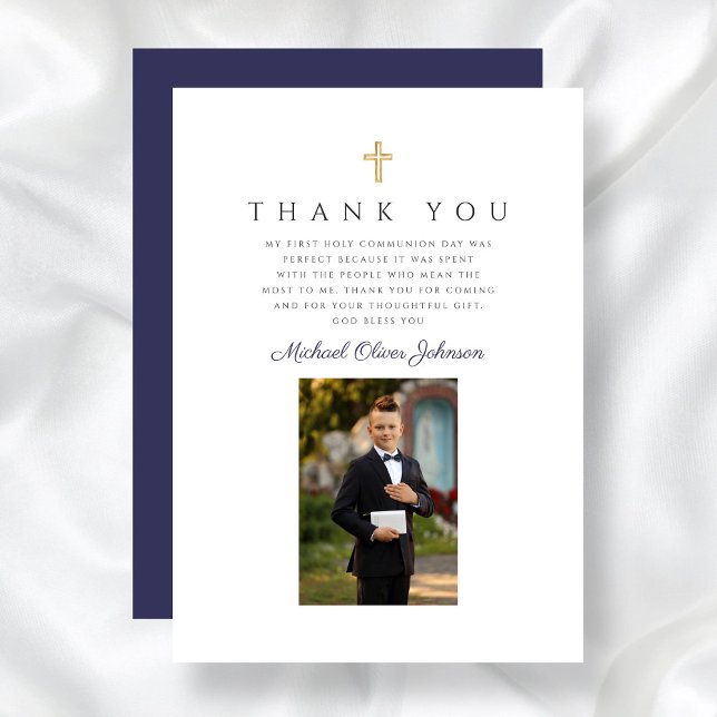 Tarjeta De Agradecimiento Elegante cruz azul de la marina Primera comunión (Elegant Navy Blue Cross Boy First Communion Thank You Card)
