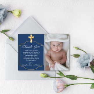 Tarjeta De Agradecimiento Elegante Cruz Azul Dorada Bautizo de Niño Agradeci