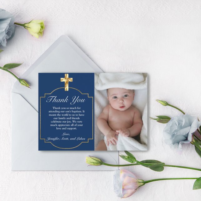 Tarjeta De Agradecimiento Elegante Cruz Azul Dorada Bautizo de Niño Agradeci (ELEGANT NAVY BLUE GOLD CROSS PHOTO BAPTISM THANK YOU CARD WITH ENVELOPE)