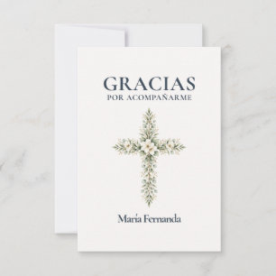 Tarjeta De Agradecimiento Elegante Cruz Botánica Primera Comunión