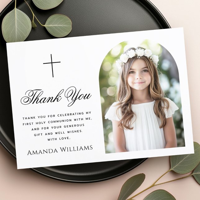 Tarjeta De Agradecimiento Elegante cruz de foto en arco Primera Comunión San (Elegant arch photo cross First Holy Communion Thank You Card)