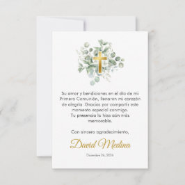 Tarjeta De Agradecimiento Elegante cruz de oro con hojas de color agua verde