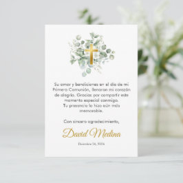 Tarjeta De Agradecimiento Elegante cruz de oro con hojas de color agua verde