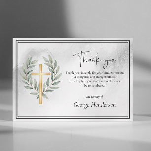 Tarjeta De Agradecimiento Elegante Cruz de Oro con Hojas Funeral