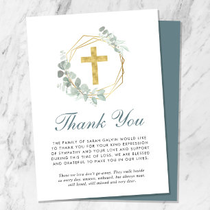 Tarjeta De Agradecimiento Elegante Cruz de Oro Eucalipto Funeral