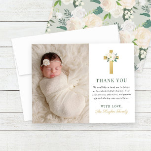 Tarjeta De Agradecimiento Elegante Cruz de Oro Floral Baptismo Chica Foto