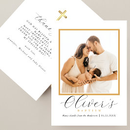 Tarjeta De Agradecimiento Elegante Cruz de Oro Guión de Foto de Bautizo de B