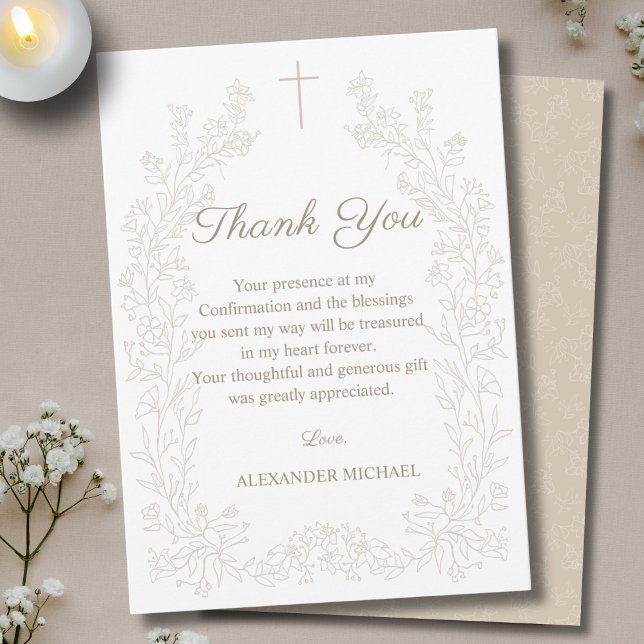 Tarjeta De Agradecimiento Elegante Cruz Floral de Confirmación (Subido por el creador)