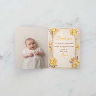 Tarjeta De Agradecimiento Elegante Cruz Floral de Oro para Foto de Bautizo d