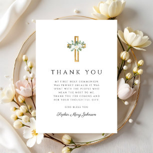 Tarjeta De Agradecimiento Elegante Cruz Floral Niña Primera Comunión