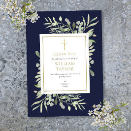 Tarjeta De Agradecimiento Elegante Cruz Memorial Funeral Azul Marino Dorado