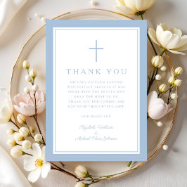 Tarjeta De Agradecimiento Elegante Cruz Religiosa Azul Bebé Bautismo