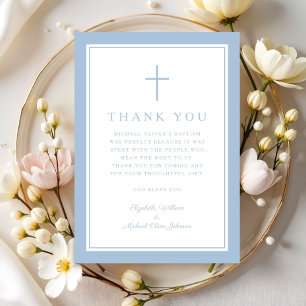 Tarjeta De Agradecimiento Elegante Cruz Religiosa Azul Bebé Bautismo