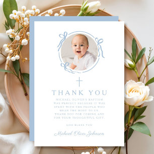 Tarjeta De Agradecimiento Elegante Cruz Religiosa Azul Bebé Bautizo