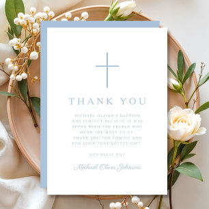 Tarjeta De Agradecimiento Elegante Cruz Religiosa Azul Bebé Bautizo