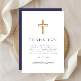 Tarjeta De Agradecimiento Elegante Cruz Religiosa Azul Marino Confirmación