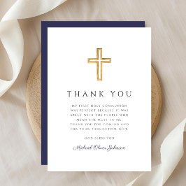 Tarjeta De Agradecimiento Elegante Cruz Religiosa Azul Marino Primera Comuni
