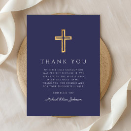 Tarjeta De Agradecimiento Elegante Cruz Religiosa Azul Marino Primera Comuni