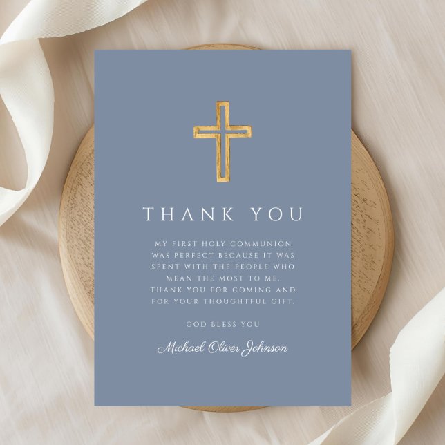 Tarjeta De Agradecimiento Elegante cruz religiosa azul turquesa primera comu (Elegant Dusty Blue Religious Cross First Communion Thank You Card)