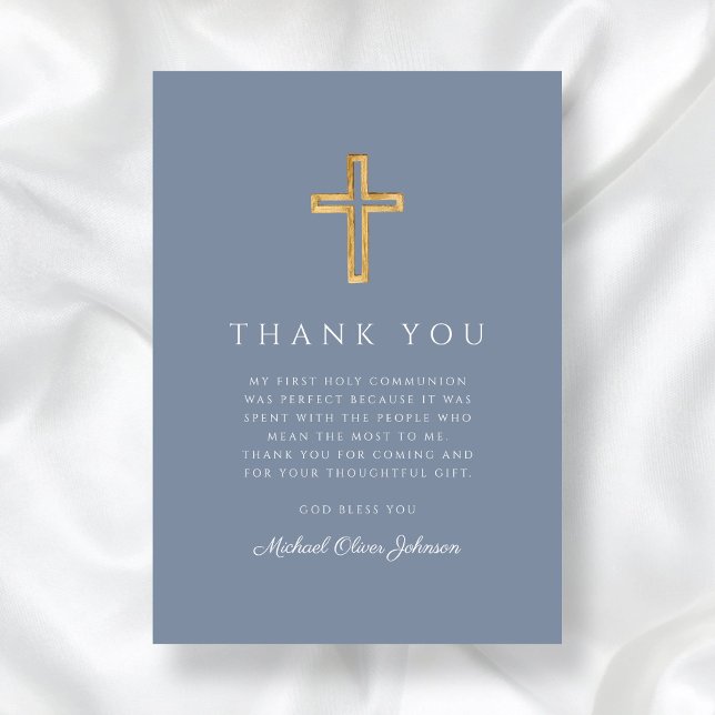 Tarjeta De Agradecimiento Elegante cruz religiosa azul turquesa primera comu (Elegant Dusty Blue Religious Cross First Communion Thank You Card)